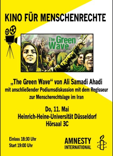 Plakat zur Filmvorführung "The Green Wave" am 11. Mai im Hörsaal 3C der HHU Düsseldorf - Einlass ab 18:30 Uhr, Beginn: 19:00 Uhr
