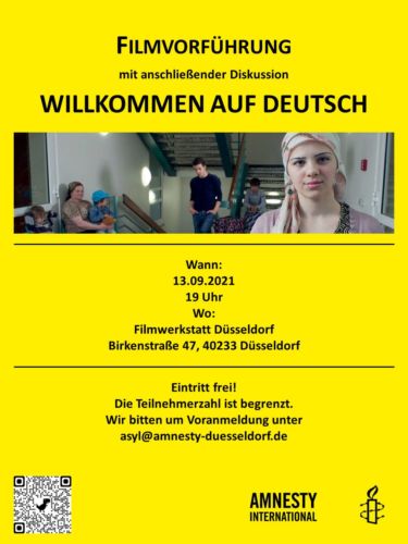 Plakat zur Filmvorführung und Diskussion "Willkommen auf Deutsch" am 13. September 2021 um 19:00 Uhr in der FIlmwerkstatt Düsseldorf